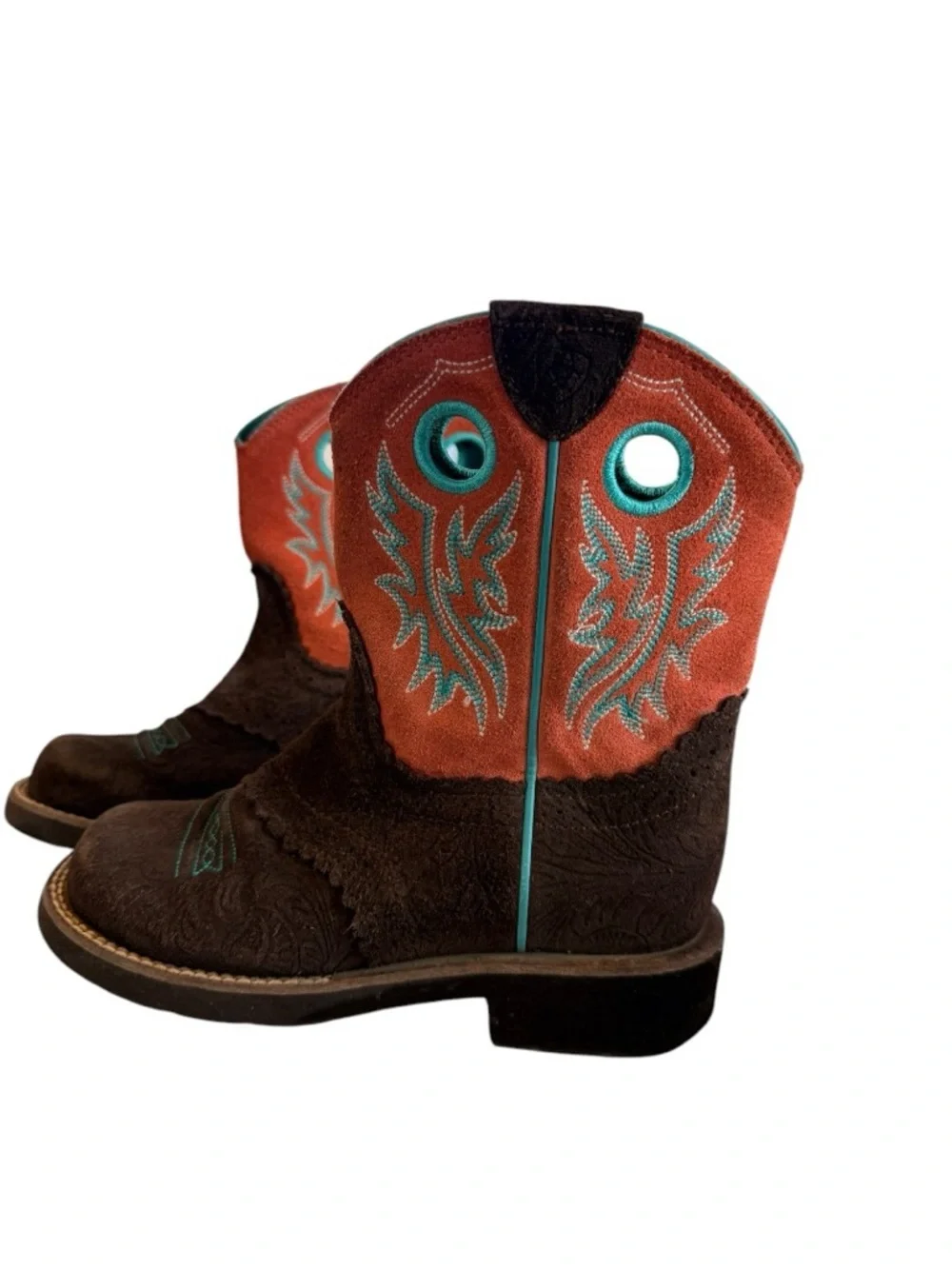 Ariat Kids Cowboy Boots Brown Leather Turquoise Embroidered Western 4LR Youth